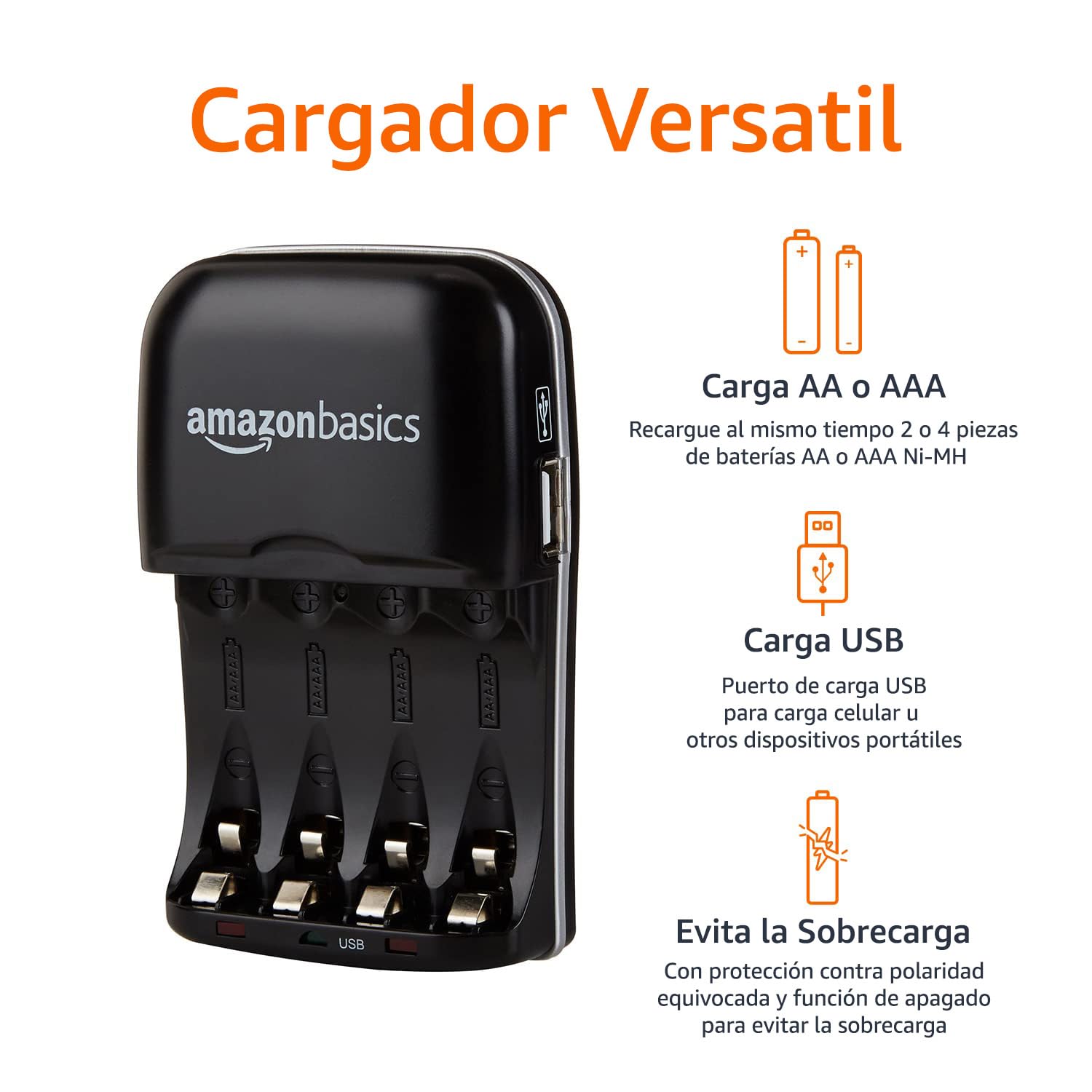 Amazon Basics - Cargador de batería recargable para pilas AA y AAA de hidruro de níquel-metal (NiMH) con puerto de carga USB, color negro