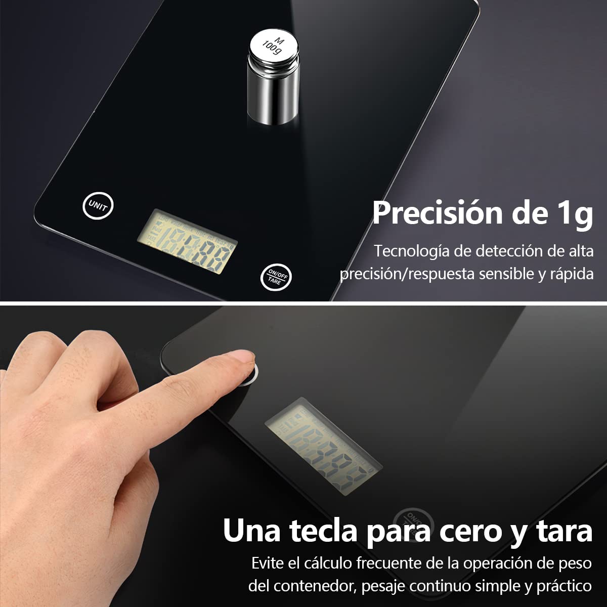 DAQI Báscula Digital de Cocina,Bascula de Comida Alimentos Multifunción 5kg/11lb con Superficie de Vidrio Templado y Pantalla LCD para Peso de Comida, Alta Precisión hasta 1g Balanza Cocina-Negro