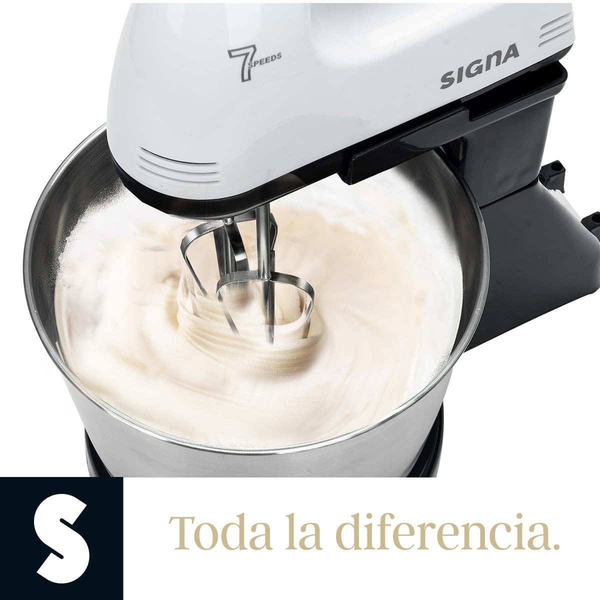 SIGNA Batidora Eléctrica De Pedestal Y Mano 2 En 1 Para Cocina Potente 120w con 7 Velocidades Ajustables Tazón de 2.5L de Acero Inoxidable Accesorios Para Amasar Batir y Mezclar (Blanco)