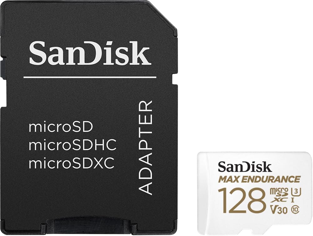 SanDisk Tarjeta microSDXC de 128 GB MAX Endurance con Adaptador para cámaras de Seguridad para el hogar y cámaras de salpicadero - C10, U3, V30, 4K UHD, Tarjeta Micro SD - SDSQQVR-128G-GN6IA