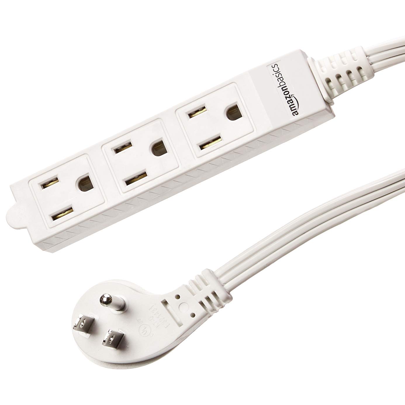 Amazon Basics Regleta rectangular para interiores, cable de extensión de 1.8 m, 3 clavijas, enchufe plano, de conexión a tierra, 13 amperios, 1625 vatios, 125 VCA, paquete de 2, color blanco