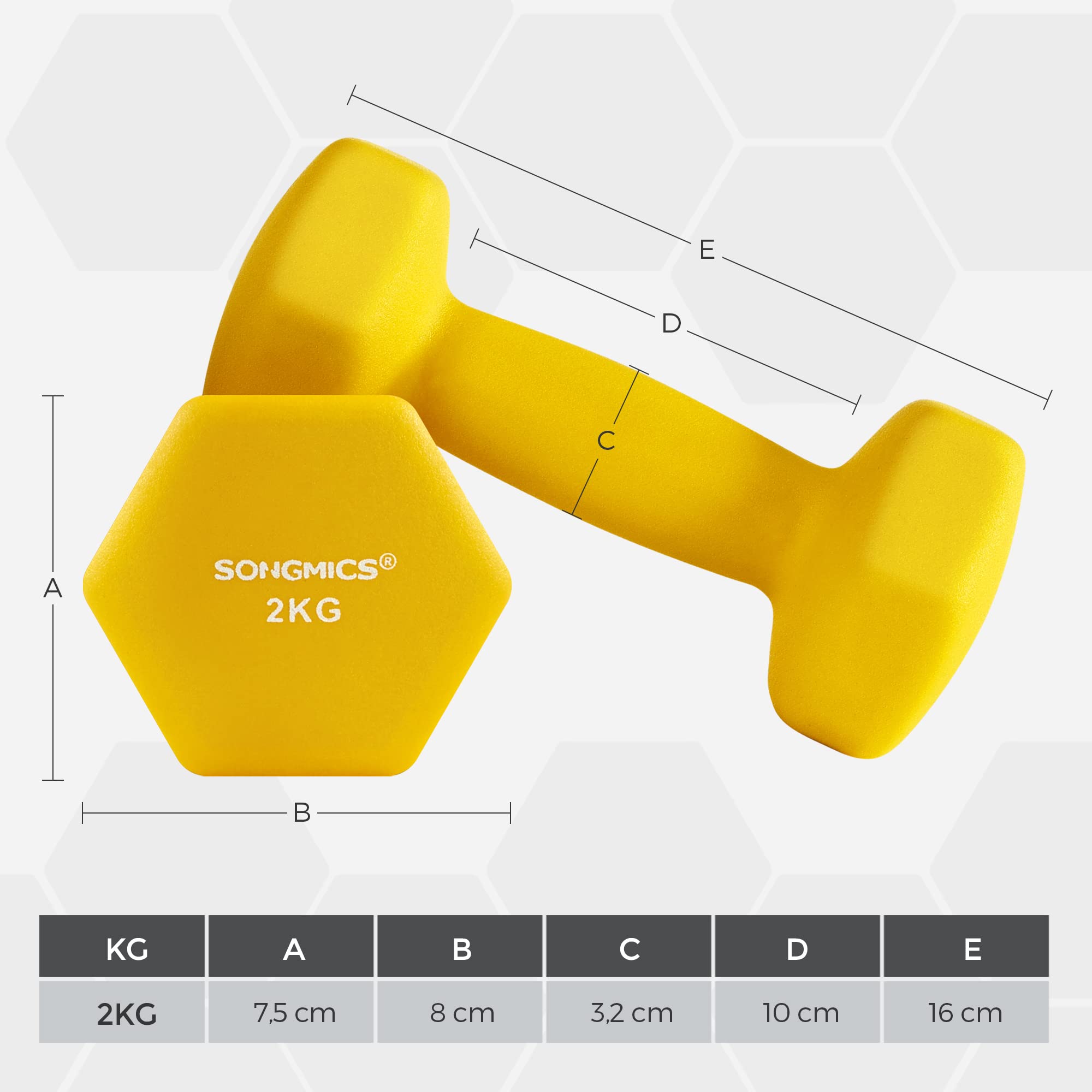 SONGMICS Juego de 2 Mancuernas, Mancuernas Hexagonales con Superficie de Vinilo, para Gimnasia en Casa, 2 x 2 kg, Amarillo MSYL064YL