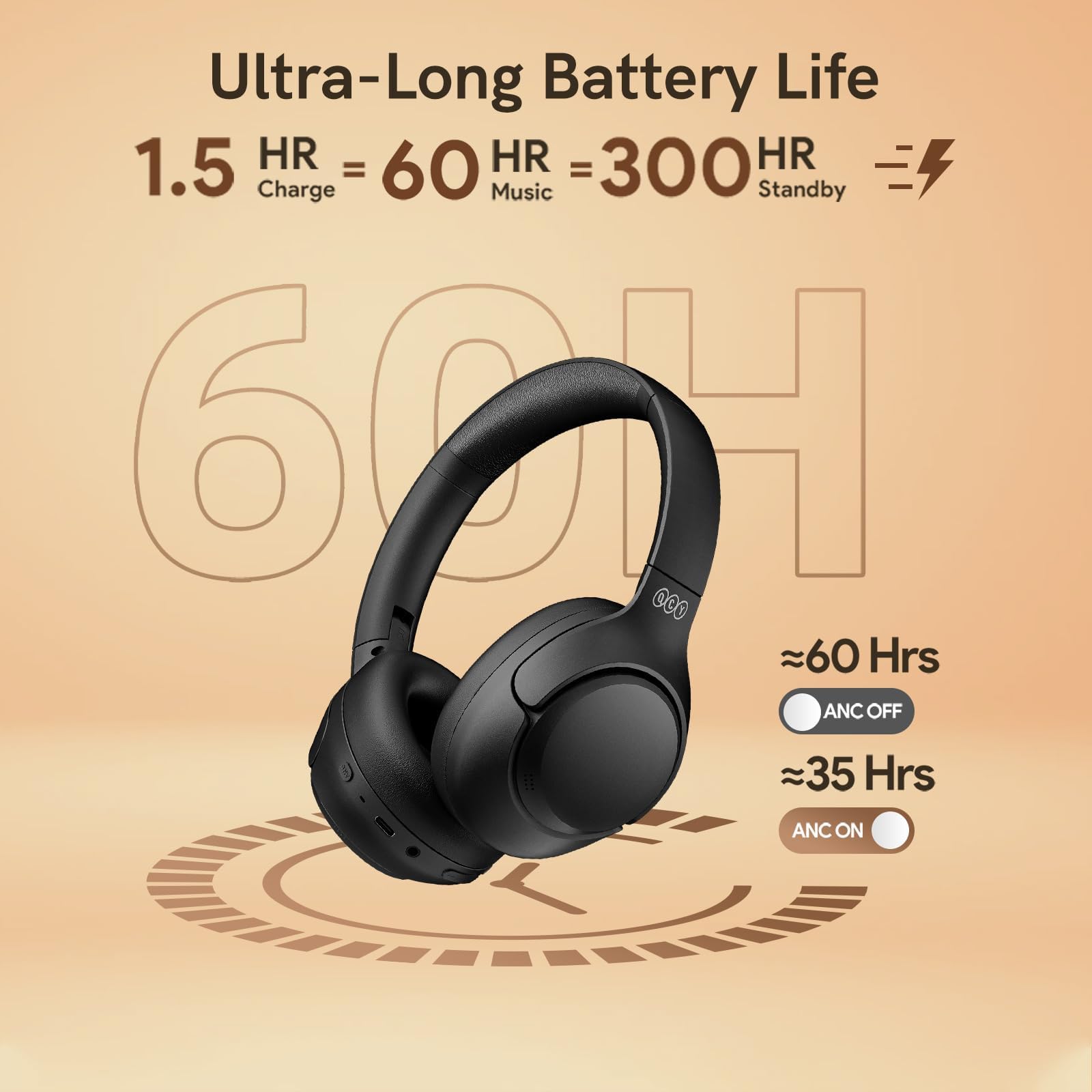 QCY H3 Audífonos Inalámbricos Bluetooth 5.4, Cancelación Activa de Ruido, Hi-Res Audio, Diadema Plegables Auriculares Over Ear, 60 Horas de Reproducción Compatible con iOS/Android