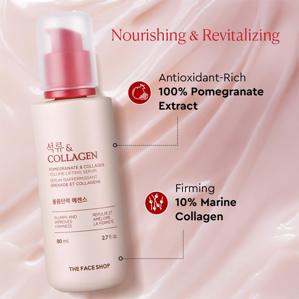 The Face Shop Pomegranate & Collagen - Serúm Facial de Granada y Colágeno, 80 ml - Serum reafirmante con efecto lifting y glow - K-beauty coreano original para máxima elasticidad y firmeza