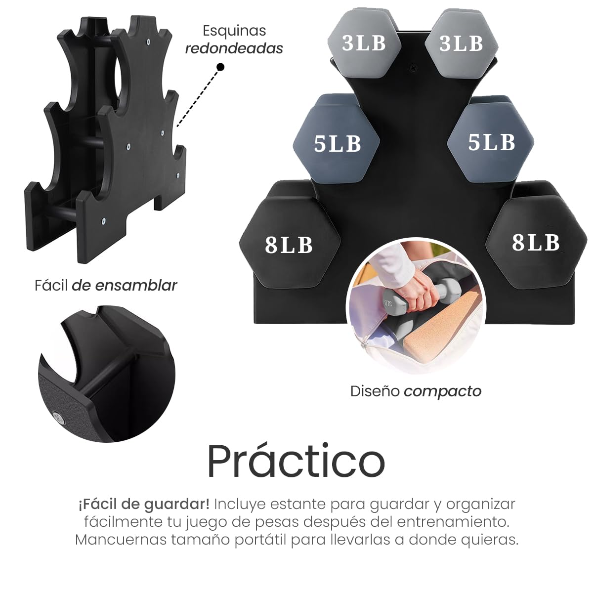 Raganet, Set de Mancuernas de 6 Piezas con Base, Pesos de 8, 5 y 3 Libras, Color Gris Elegante, Ideal para Entrenamiento en Casa y Gimnasio