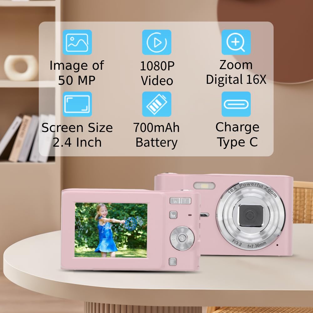 Cámara Digital, Cámara de Vlogging FHD 1080P con Enfoque Automático, Cámara Digital con Zoom Digital de 50MP 16X, Cámara Compacta Portátil AF Pantalla de 2,4 Pulgadas para (Rosado)