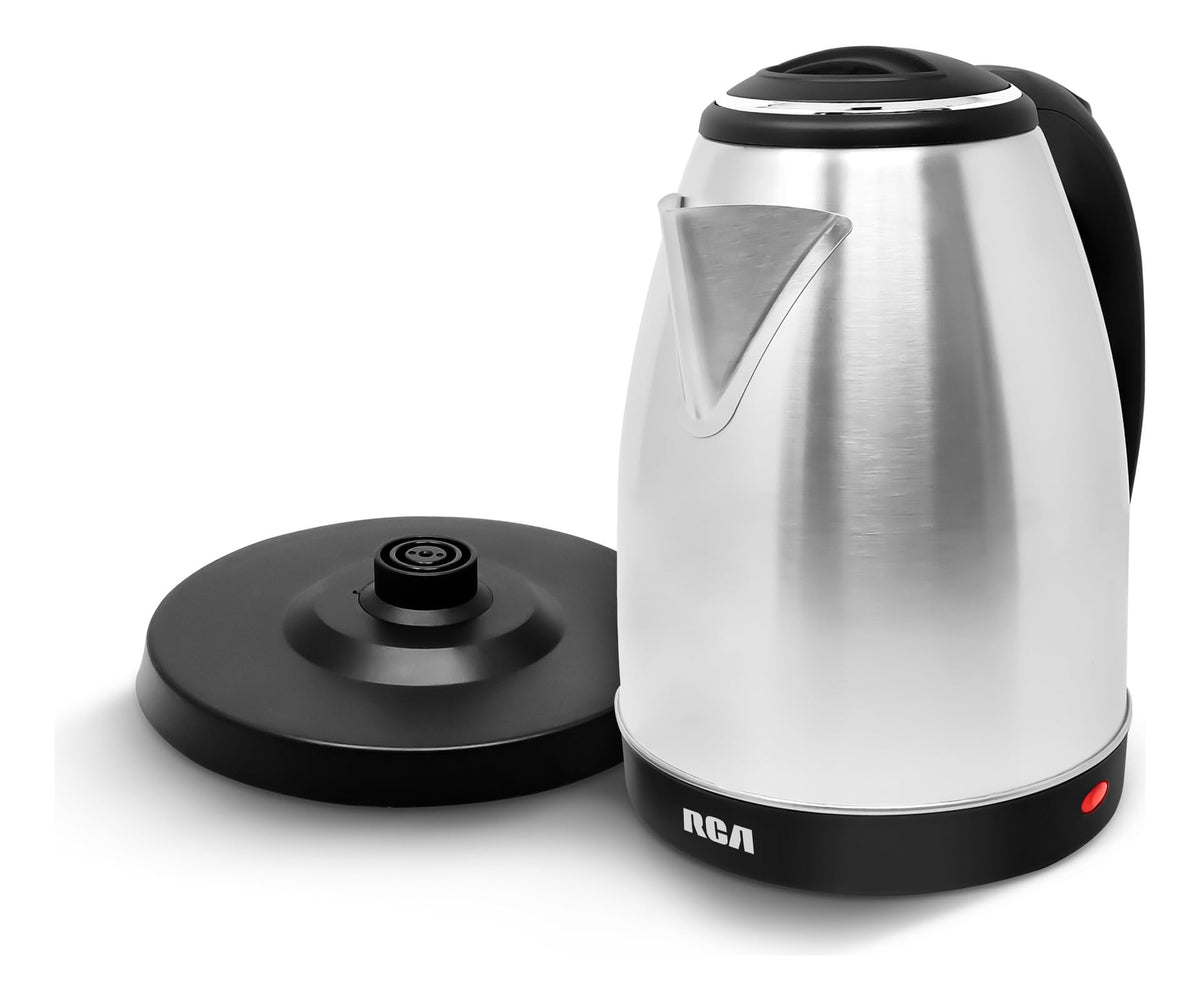 RCA Tetera Eléctrica RC-180GB01 de Acero Inoxidable, Capacidad de 1.8 Litros, Luz LED, Base Giratoria, Apagado Automático y Protección Contra Ebullición, Ideal para Té y Café, Diseño Elegante.
