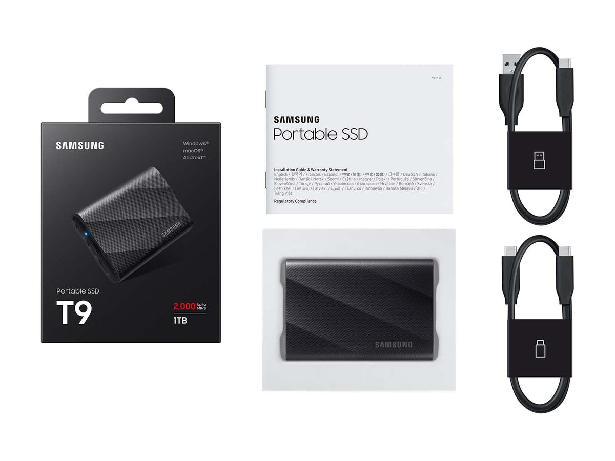 Samsung T9 1TB, SSD portátil, hasta 2000 MB/s, USB 3.2 Gen 2x2 (20 Gbps) NVMe, Resistente, para fotógrafos, Creadores de Contenido y Juegos, Unidad Externa de Estado sólido (MU-PG1T0B/AM)