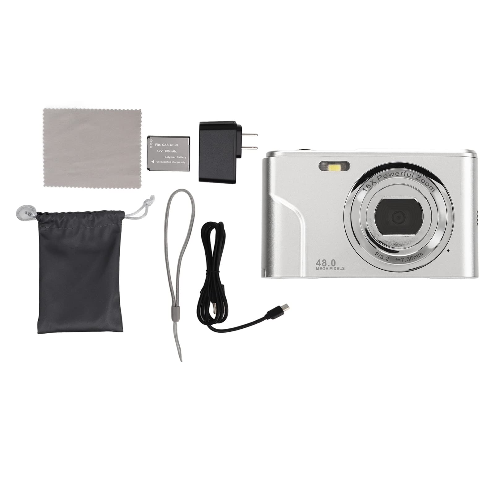 Cámara Digital, HD 1080P 48MP Vlogging Cámara para Niños Videocámara con Pantalla IPS de 2,4 Pulgadas, Zoom 16X Autofocus Compacto Mini Cámara de Bolsillo Regalos para Estudiantes (plata espacial)