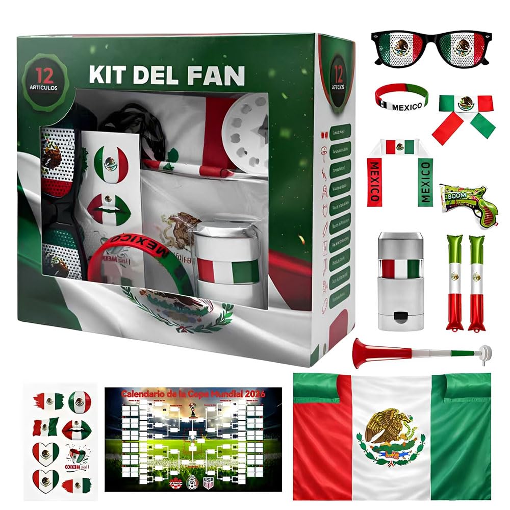 Kit Fan México 12PCS – Set de Fiesta Fútbol con Banderas, Bocina, Gafas, Pintura Facial y Pulseras, para Mundial 2026, Partidos de la Selección, Clásicos, Bares y Reuniones Familiares