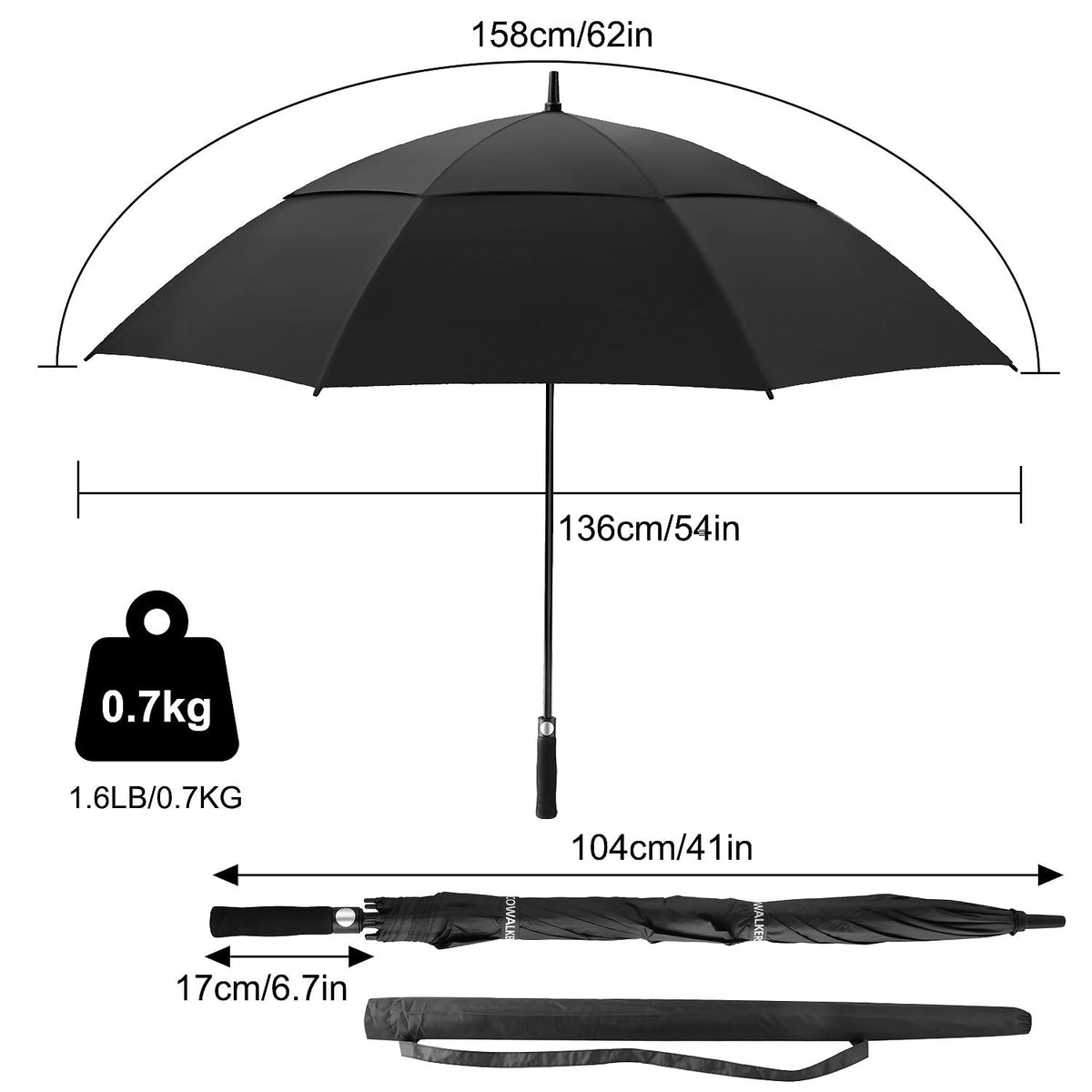 Paraguas de Golf Extra Grandes,Paraguas de Golf Pro-Line de Gran Tamaño con Doble Toldo Ventilado a Prueba de Viento Impermeable para Hombres y Mujeres (Negro)