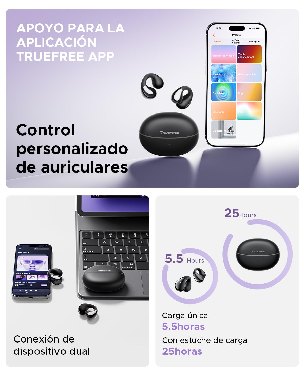 truefree B1 Audífonos de Oído Abierto Inalámbricos Bluetooth 5.4 Opean-Ear Graves dinámicos, 4 mics para Llamadas claras, conexión Dual, Ajuste Ligero y Seguro, Ideales para Deportes, Control de App