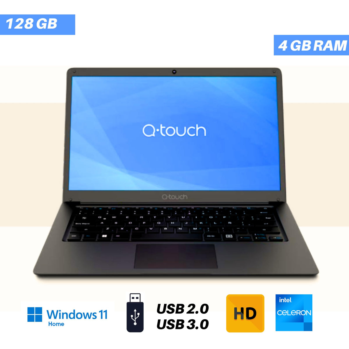 Q-touch Laptop NQT14-01, HD Intel Celeron N4020, 2.8 GHz, RAM 4 GB, 128 GB, Windows 11 Home, Negro