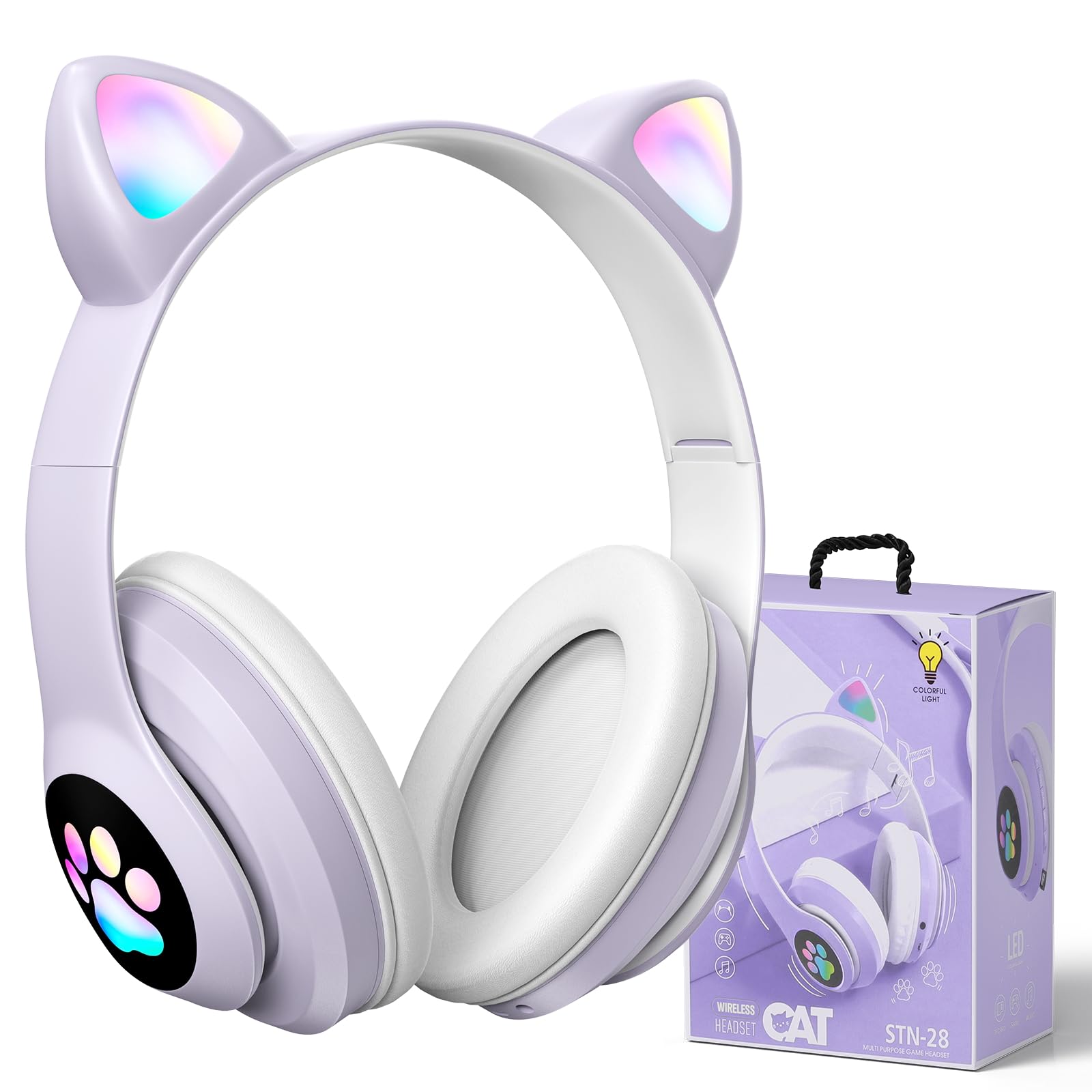 ZQSQD Audifonos Inalambricos para Niños, Auriculares Bluetooth con Luz LED y Micrófono, Auriculares Plegables con Forma de Garra de Gato, Audífonos para Niña, Apto para Tablets, Móviles, Etc (Púrpura)