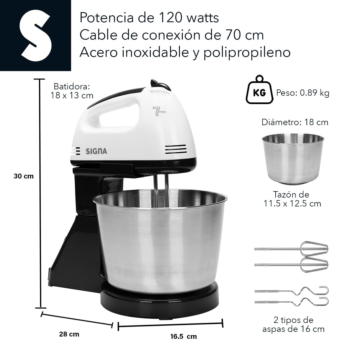 SIGNA Batidora Eléctrica De Pedestal Y Mano 2 En 1 Para Cocina Potente 120w con 7 Velocidades Ajustables Tazón de 2.5L de Acero Inoxidable Accesorios Para Amasar Batir y Mezclar (Blanco)