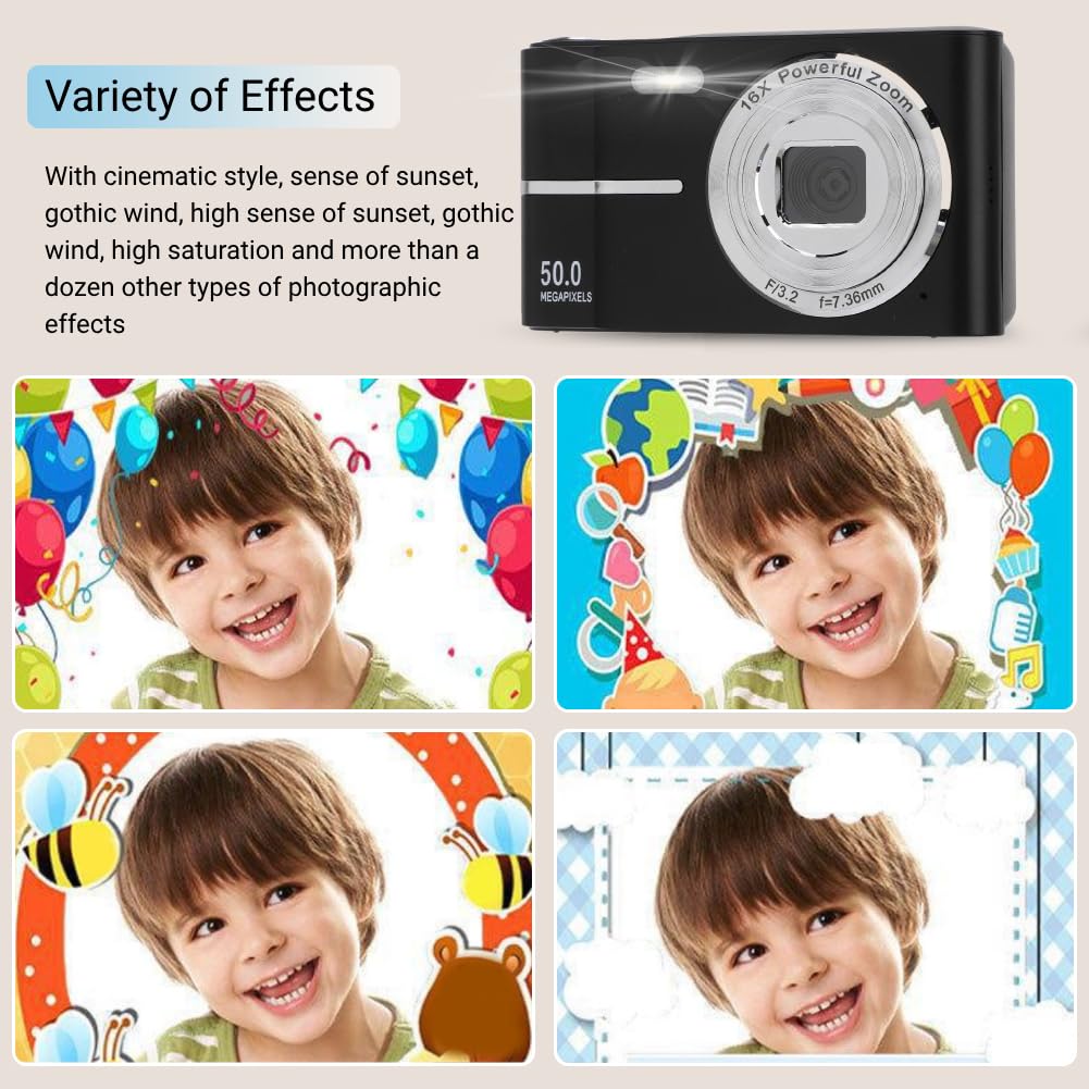ASHATA Cámara Digital, Cámara de Vlogging FHD 1080P con Enfoque Automático, Cámara Digital con Zoom Digital de 50MP 16X, Cámara Compacta Portátil AF Pantalla de 2,4 Pulgadas para (Black)