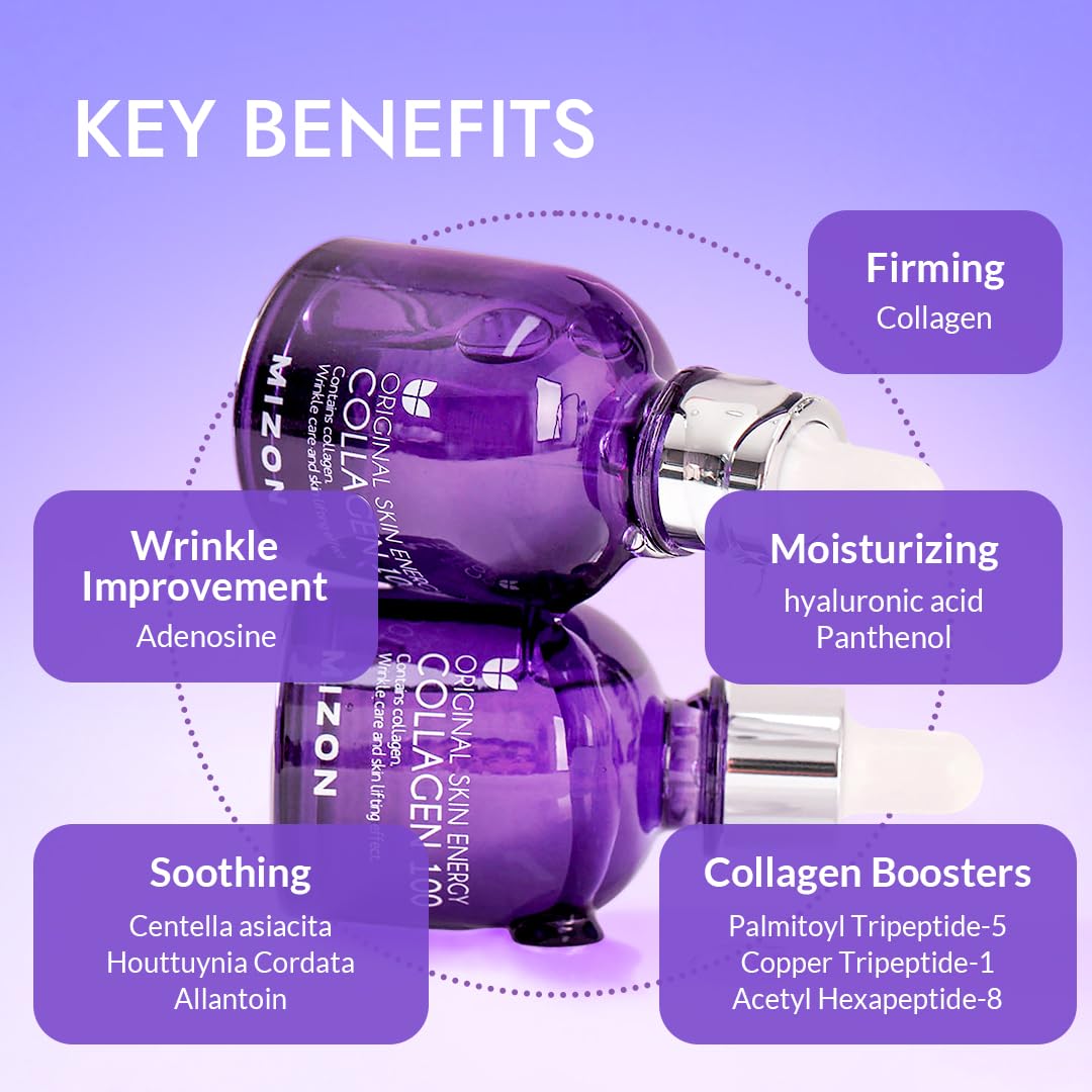 MIZON Suero Facial con Colágeno 30 ml - Serum Antiedad e Hidratante Coreano - Skincare Coreano con Acido Hialuronico para Piel Firme y Suave - Sérum Facial Original Skin Energy Collagen 100