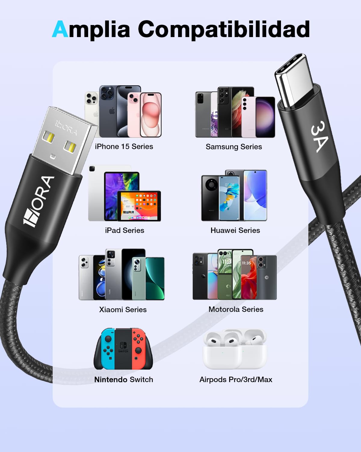 1 Hora 2M Cable USB C a USB A Carga Rápida 60W, Cable Tipo C 3A, Durable Nylon Tejido, Compatible con iPhone 15 Pro/15 Pro Max, Samsung Galaxy S23/S22/S21, OPPO Find X6 Pro, Motorola Edge 40 Pro