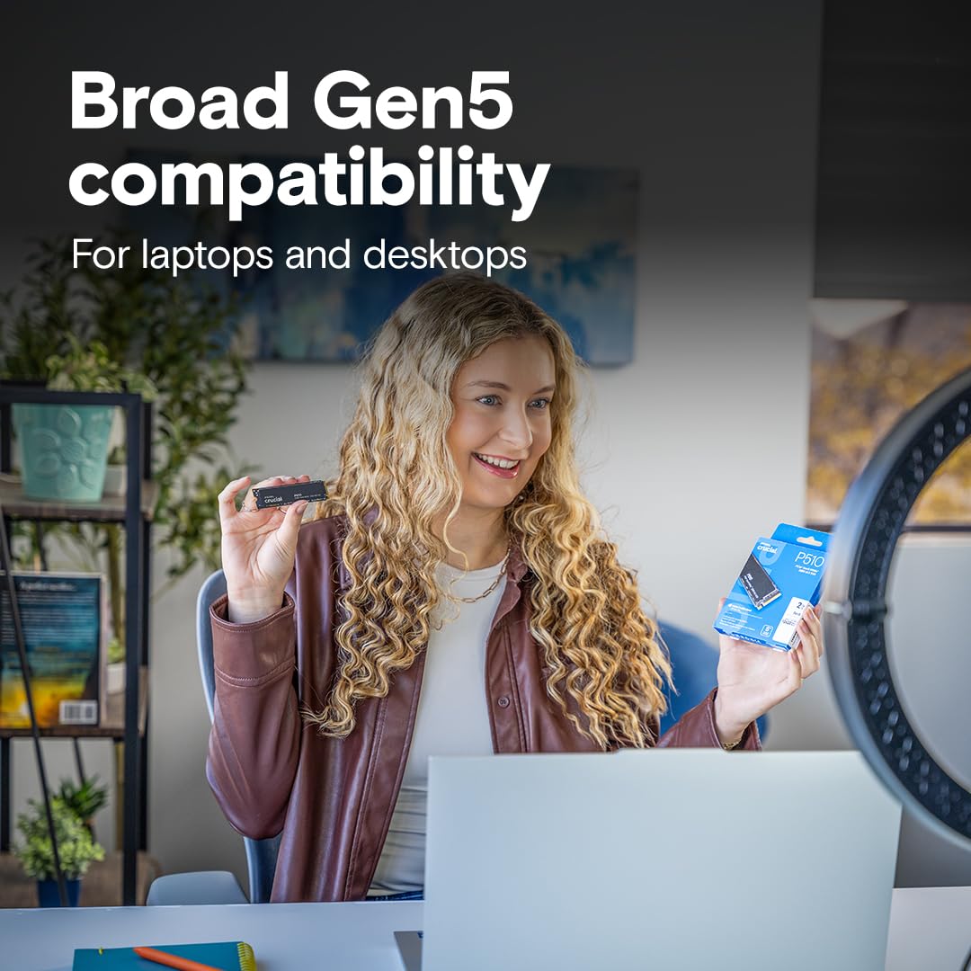 Crucial P510 1TB Gen5 NVMe SSD, hasta 11.000 MB/s, PCIe 5.0 M.2 2280 SSD, Unidad Interna de Estado sólido, Compatible con computadora portátil, computadora de Escritorio, +Software Acronis -