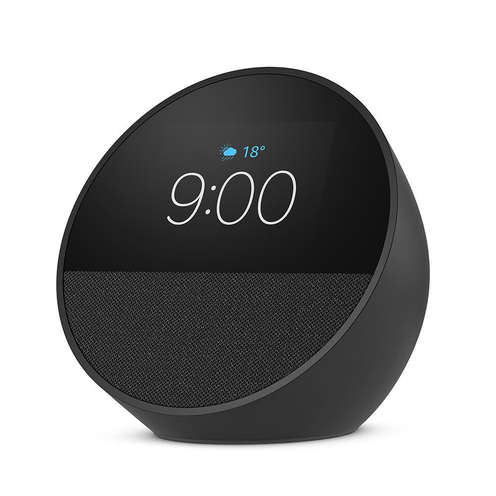 Amazon Echo Spot (modelo más reciente): ideal para mesitas de noche, oficinas y cocinas, incluye despertador inteligente con Alexa (negro)