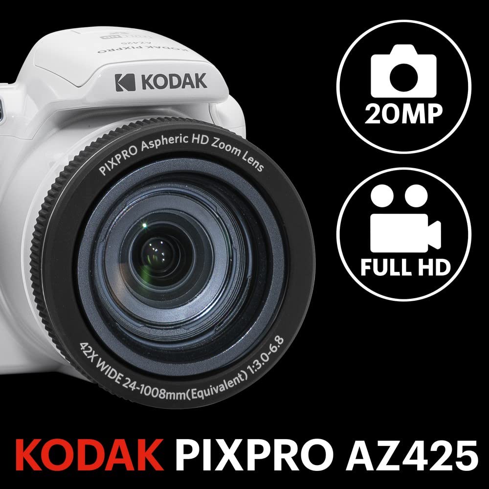 Kodak PIXPRO AZ425-WH 20MP Digital Camera 42X Optical Zoom 24mm Wide Angle Lens 1080P Full HD Video Optical Image Stabilization Li-Ion Battery 3" LCD Vlogging Camera (White)