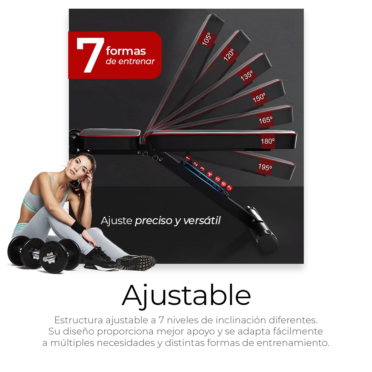 Raganet, Banco Fitness Multiposicion, Banco de Abdominales con 2 Ligas Incluidas, Asiento de Pesas Ajustable en 7 Posiciones, Soporta Hasta 250Kg, Negro