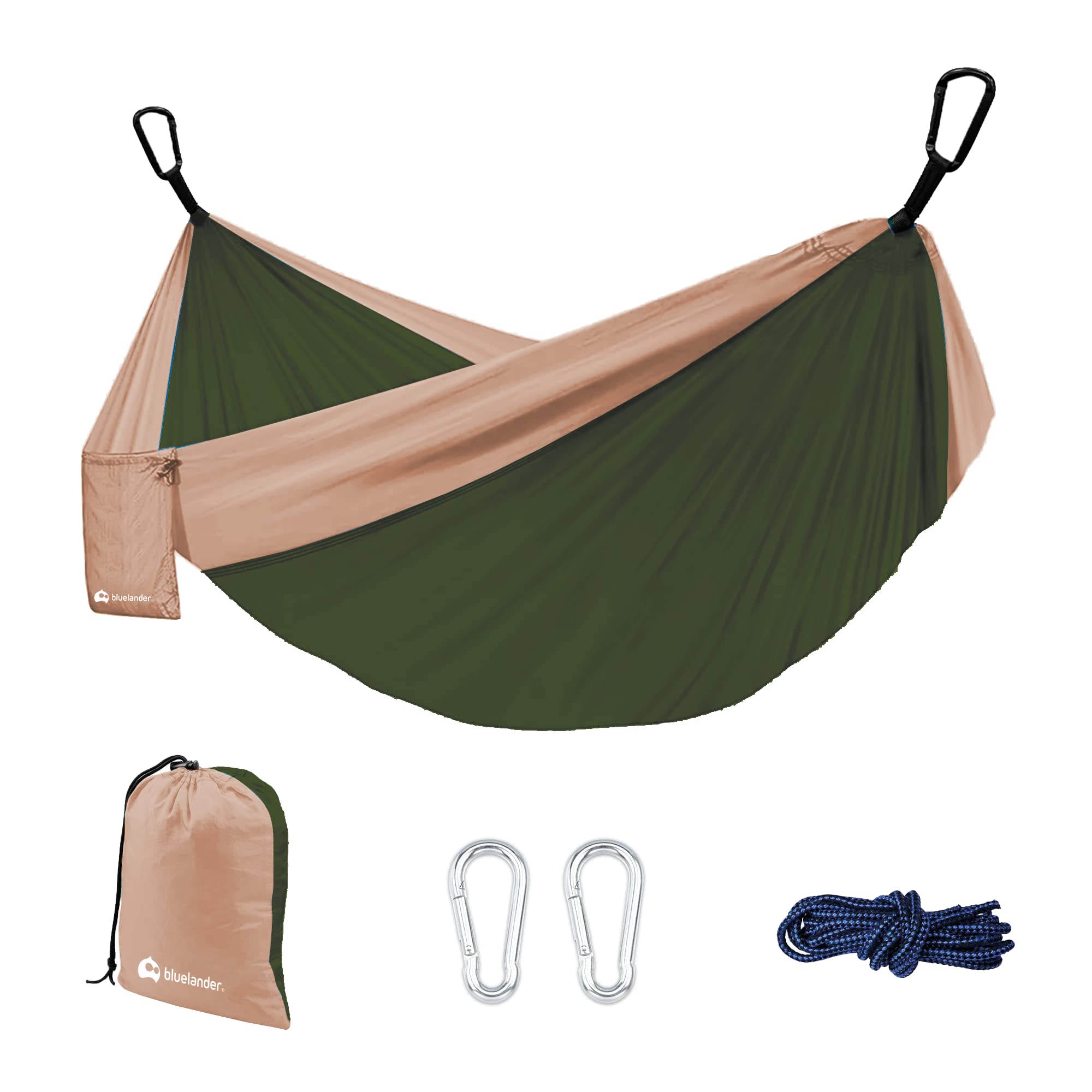 Bluelander Hamaca Portátil para Acampar de Adultos, Hamaca de Camping, Fabricada de Tela Nailon con Correas para Árboles, Excelente para Acampar al Aire Libre en Jardines y Viajes (Café/Verde)