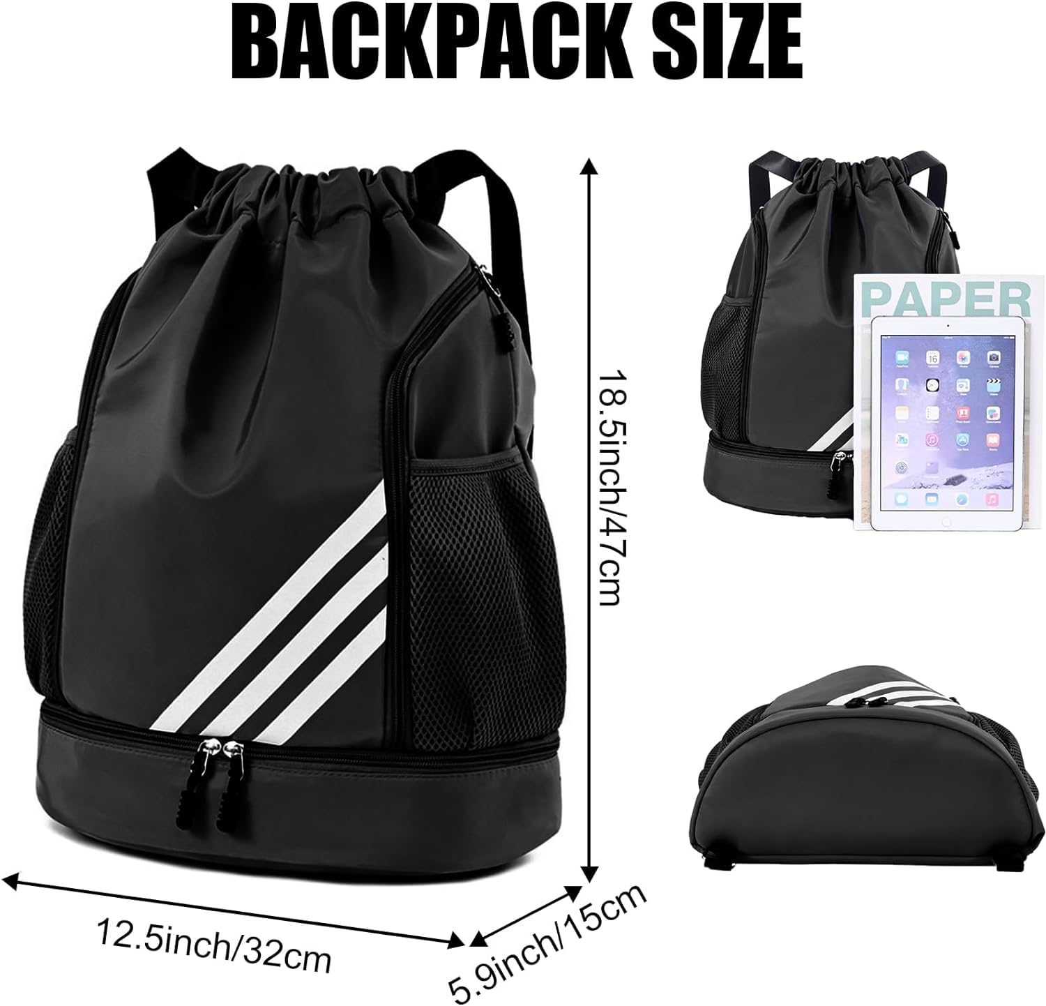 Mochila Deportiva con Cordón,Mochila de Cordón, Mochilas de Cuerdas con Compartimento de Zapatos y Bolsa de cuerdas Impermeable Morral Deportivo para Mujer Hombre Adolescente (Negro-)