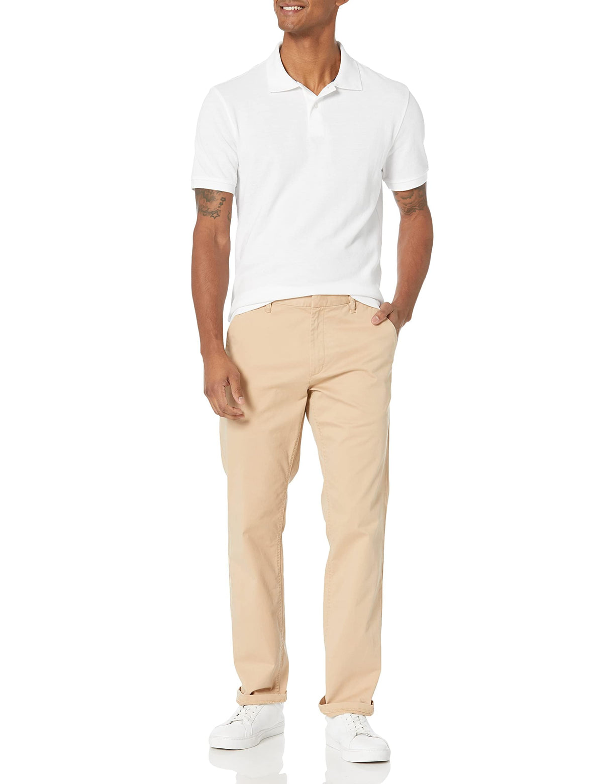 Amazon Essentials - Polo de piqué de algodón ajustado para hombre, color blanco, talla M