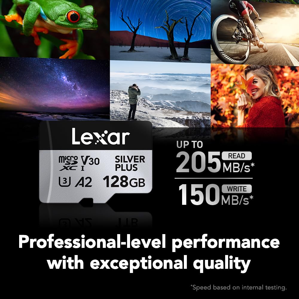 Lexar - Tarjeta de Memoria microSDXC Profesional Silver Plus de 128 GB, UHS-I, C10, U3, V30, Full-HD y 4K Video, hasta 205/150 MB/s de Lectura/Escritura, para videógrafos, Jugadores