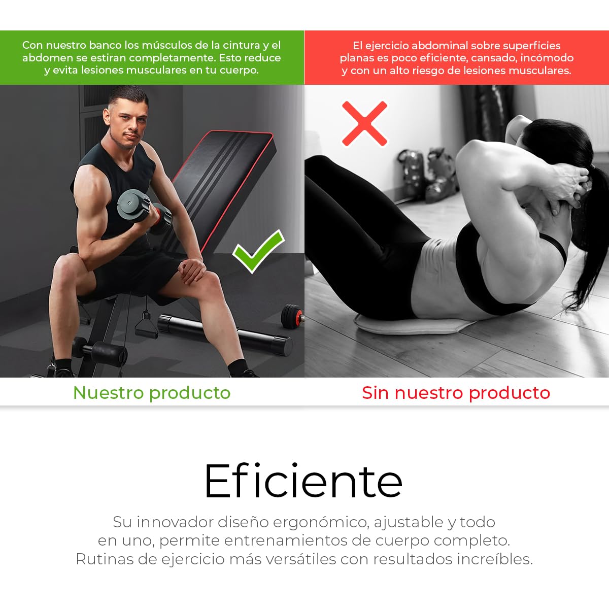 Raganet, Banco Fitness Multiposicion, Banco de Abdominales con 2 Ligas Incluidas, Asiento de Pesas Ajustable en 7 Posiciones, Soporta Hasta 250Kg, Negro