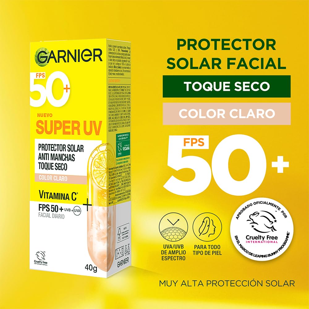 Garnier Protector Solar FPS50 Super UV Toque Seco Color Tono Claro 40ml