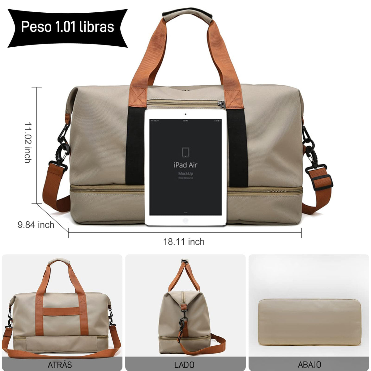 JeeLeeko Maleta Deportiva Bolsa para gym Diseño de Separación Húmedo y Seco Bolsa de viaje con ompartimento para Zapatos, para Hombres y Mujeres moda impermeable(Caqui)