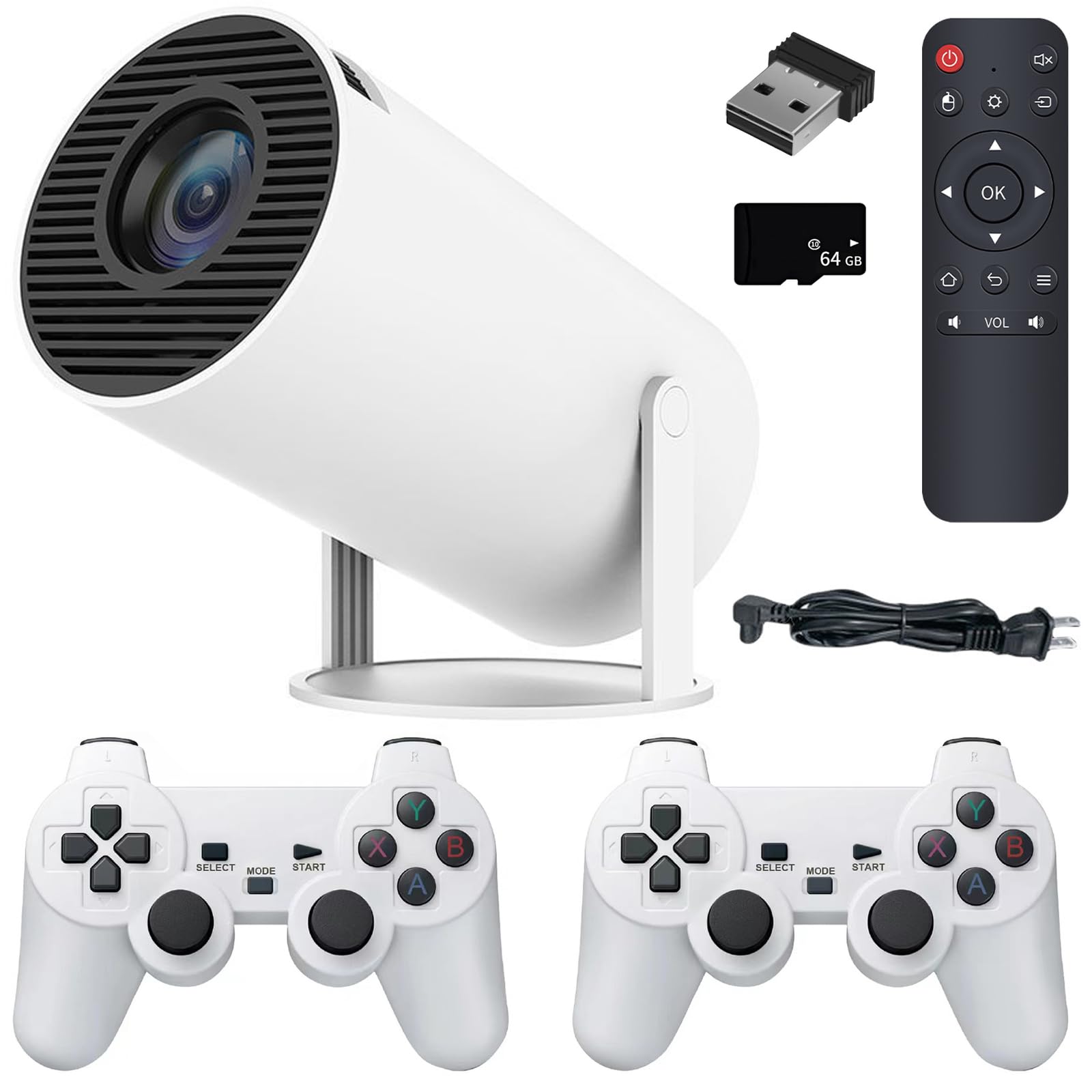 BOJOOM Mini Proyector Portátil 4K con 2 Mandos de Juego Inalámbricos, Tarjeta SD de 64GB con 2000+ Juegos y 14 Emuladores, Compatible con HDMI/USB/Smart TV/Phone, para Hogar/Fiesta/Exterior