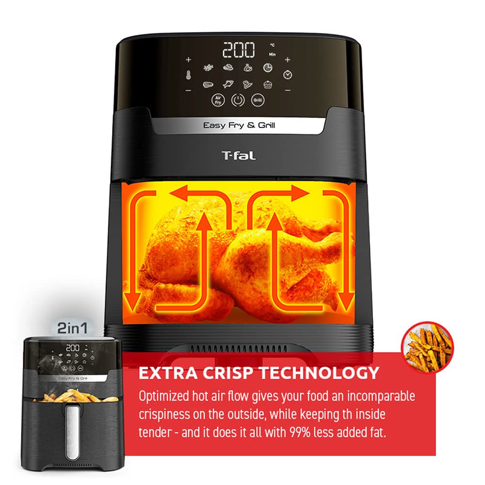 T-fal Freidora de Aire Digital Easy Fry & Grill, ¡La primera Freidora de Aire 2 en 1, con su función única de asar a la parrilla! Cuenta con 8 menús automáticos. Capacidad 4.2 L,EY505850