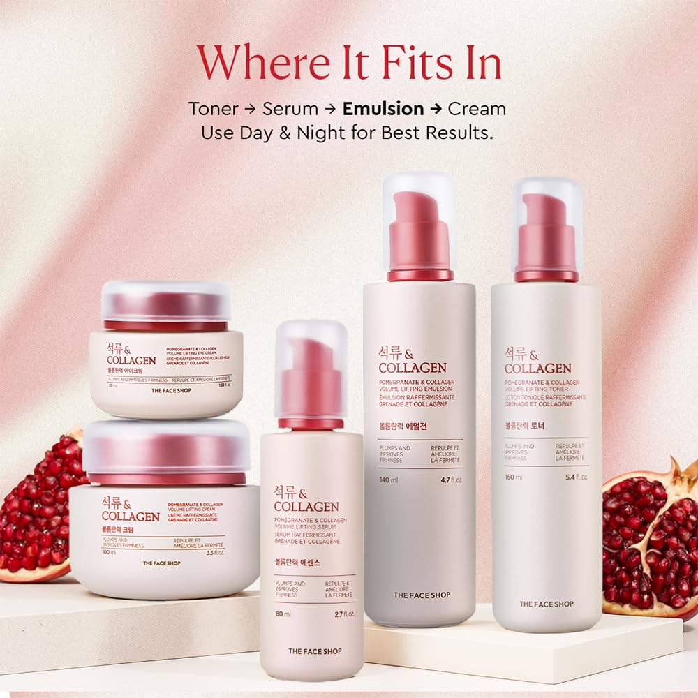 The Face Shop Pomegranate & Collagen - Emulsión Facial de Granada y Colágeno, 140 ml - Loción reafirmante con efecto lifting y glow - K-beauty coreano original para elasticidad y volumen
