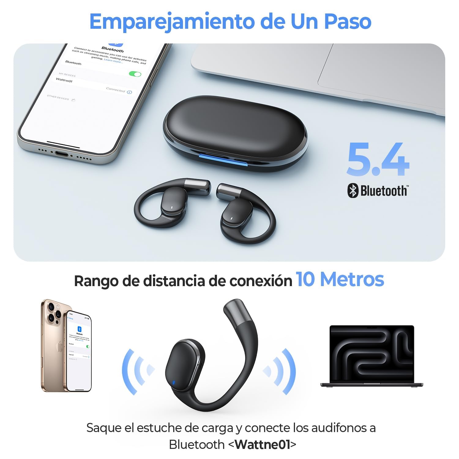 Wattne Audífonos de Oído Abierto Bluetooth 5.4 Open Ear Auriculares Inalámbricos Controladores de 12 mm Micrófono Dual de Ruido ENC Sonido Estéreo 40 Horas