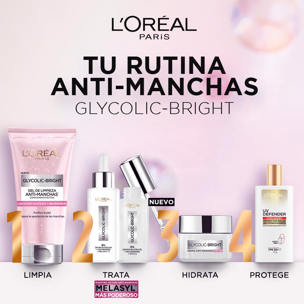 L'Oréal Paris Glycolic Bright Gel de Limpieza Profunda Anti Manchas, con Ácido Glicólico y Niacinamida, Reduce y Previene Todo Tipo de Manchas, 150 ml.