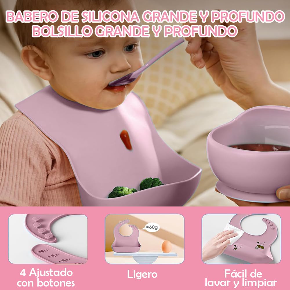 14pzs Vajillas Platos para Bebe Silicona, Set Alimentacion Complementaria Bebe, Plato para Bebe con Ventosas, Baberos Ajustable, Sin BPA, Fácil de Limpiar, Apto para Microondas(Rosado)
