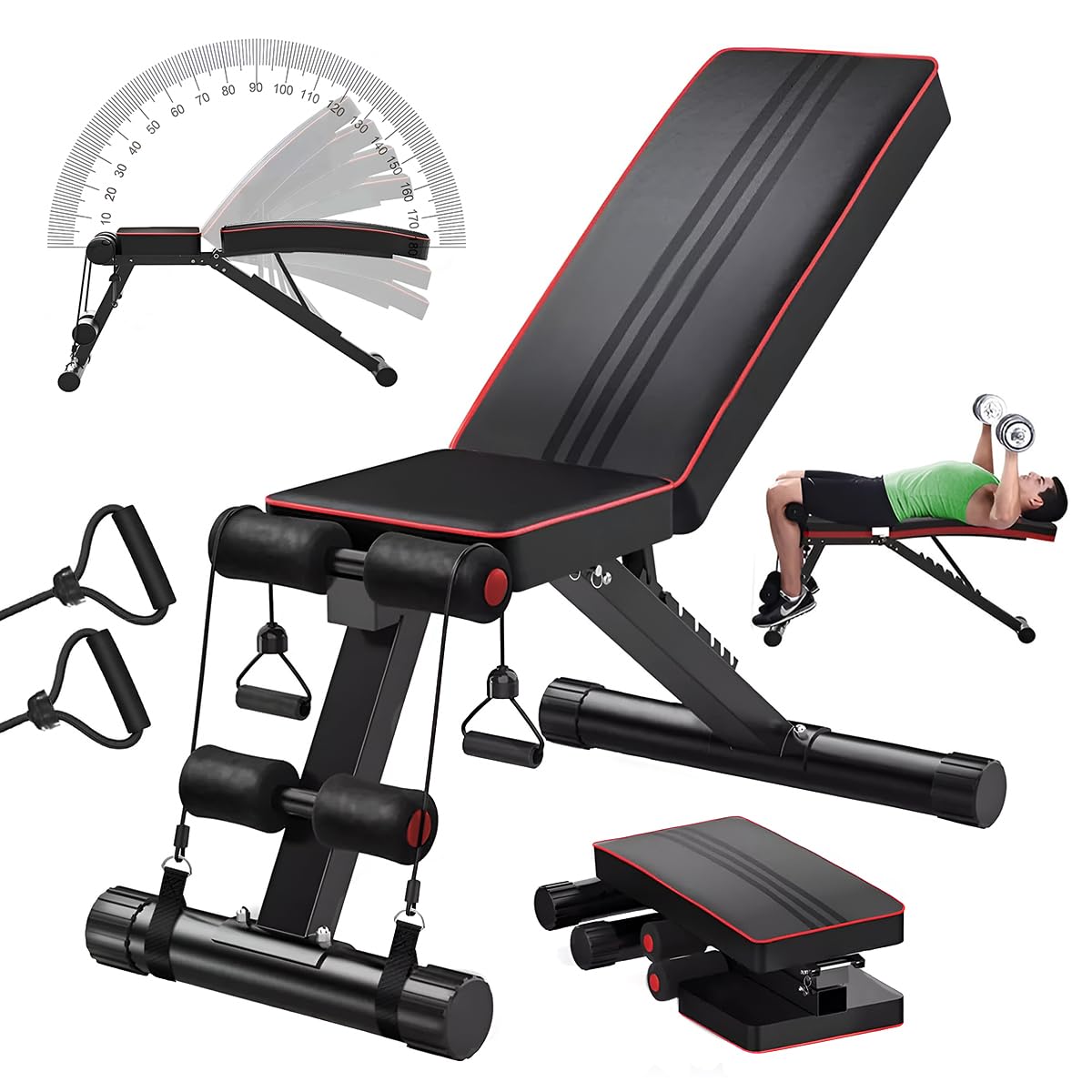 Raganet, Banco Fitness Multiposicion, Banco de Abdominales con 2 Ligas Incluidas, Asiento de Pesas Ajustable en 7 Posiciones, Soporta Hasta 250Kg, Negro