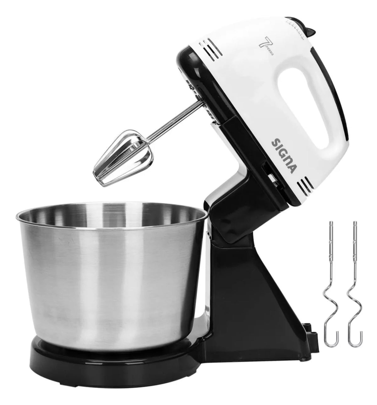 SIGNA Batidora Eléctrica De Pedestal Y Mano 2 En 1 Para Cocina Potente 120w con 7 Velocidades Ajustables Tazón de 2.5L de Acero Inoxidable Accesorios Para Amasar Batir y Mezclar (Blanco)