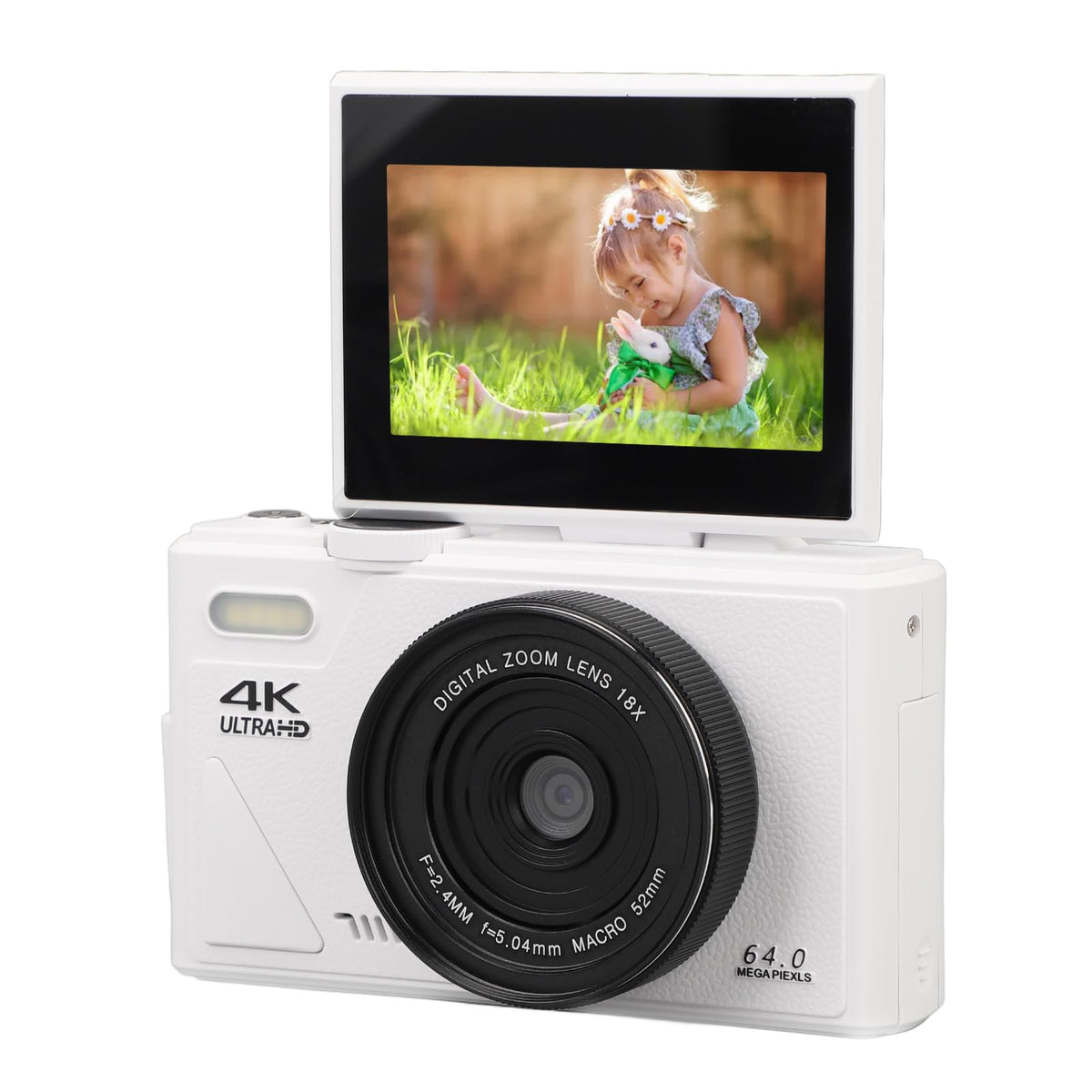 Cámara Digital 4K, UHD 64MP Cámara de Vlogging con Enfoque Automático con Zoom de 18X, Cámara Pequeña Compacta con Pantalla Abatible de 3 Pulgadas para Niños y Niñas, para (White)