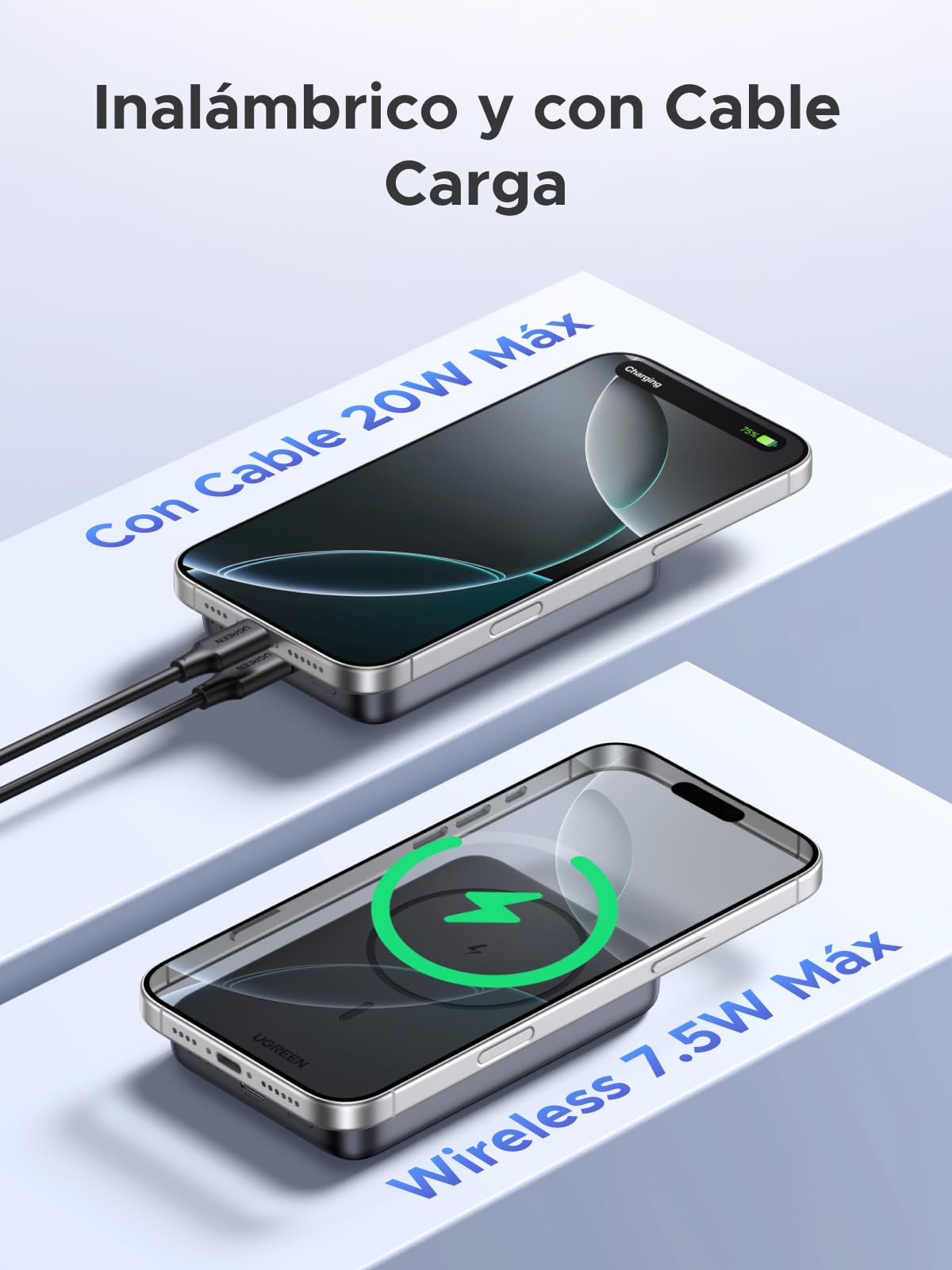 UGREEN 10000mAh Power Bank Inalabrico PD 20W Carga Raida, Cargador USB C Portail Magnaco, Bateria Externa Compatible con iPhone 16/15/14 Serie, Galaxy, Xiaomi, iPad, LG, Negro