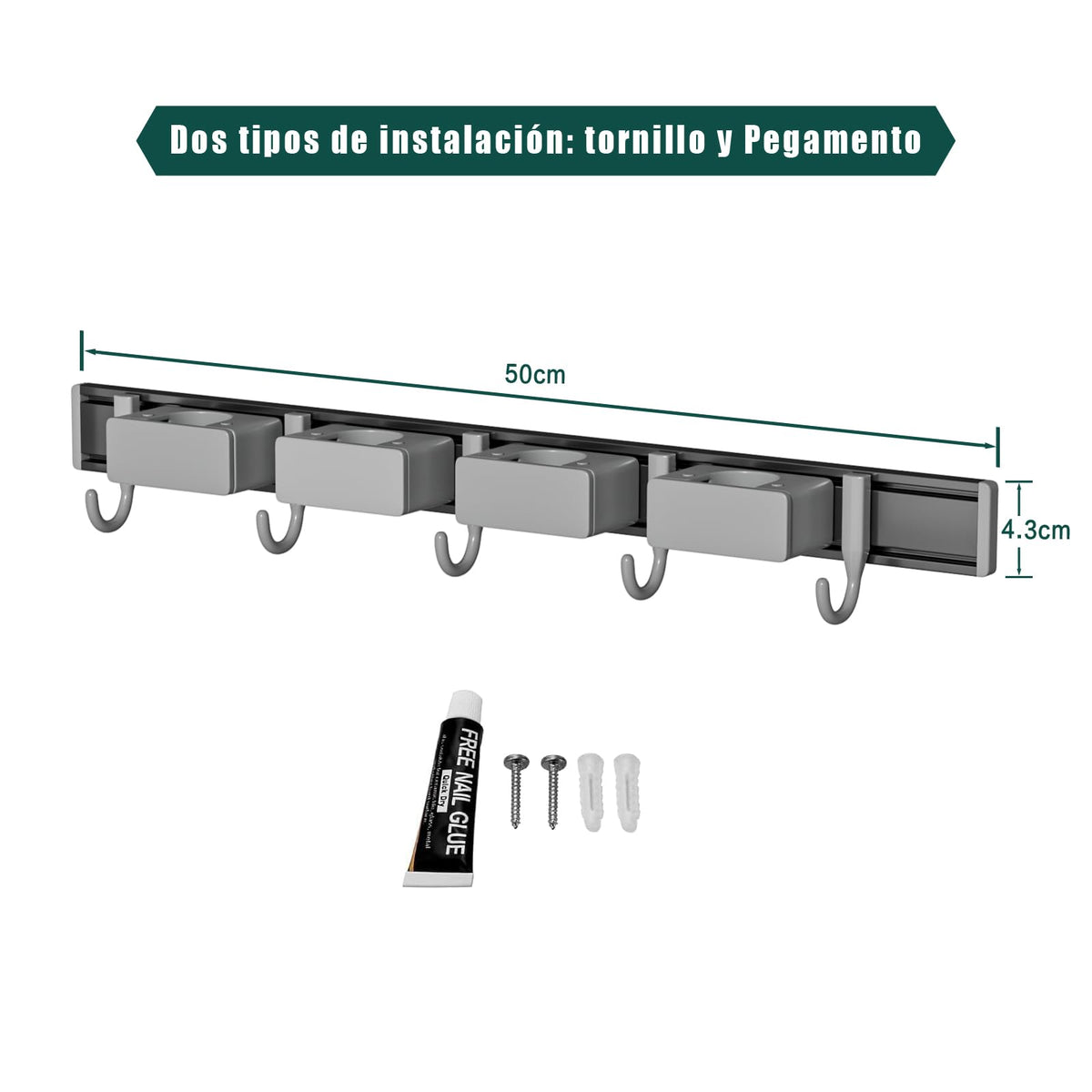 Porta Escobas y Trapeadores Pared Puede Moverse Organizador Aluminio Soporte Para Escobas Tornillos y Pegamento Colgador de Escobas y Trapeadores 50cm 1 paquetes Tofaney