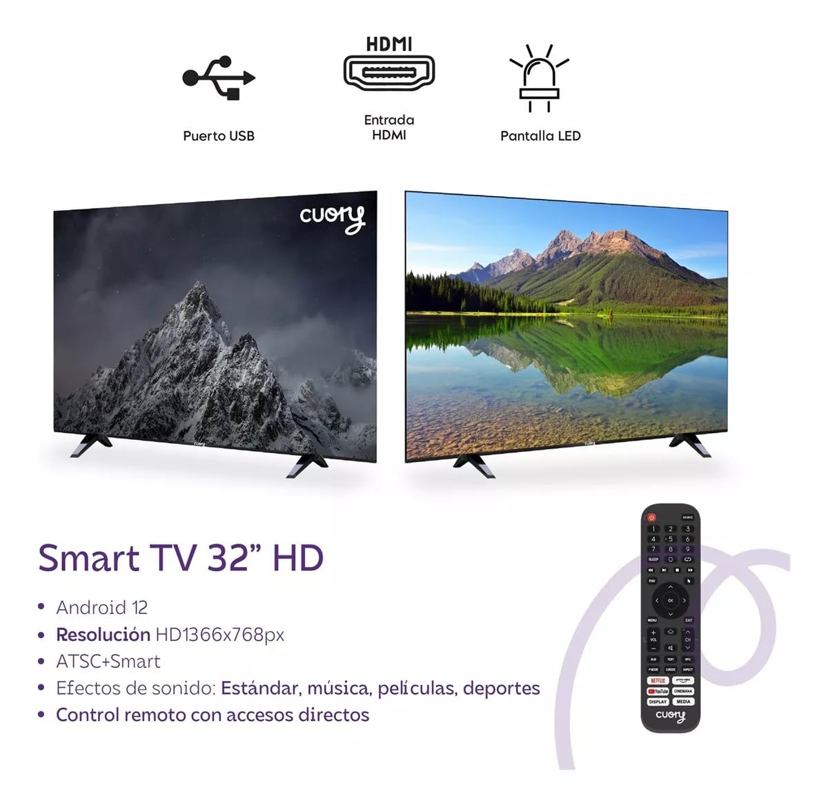 CUORY Smart TV Android Google TV Television Pantalla 32" Pulgadas Dled | Vive en | Full HD FHD | HDMI | Atmos Dolby | Modo de Juego Funciona con Asistente de Google | Bisel Delgado