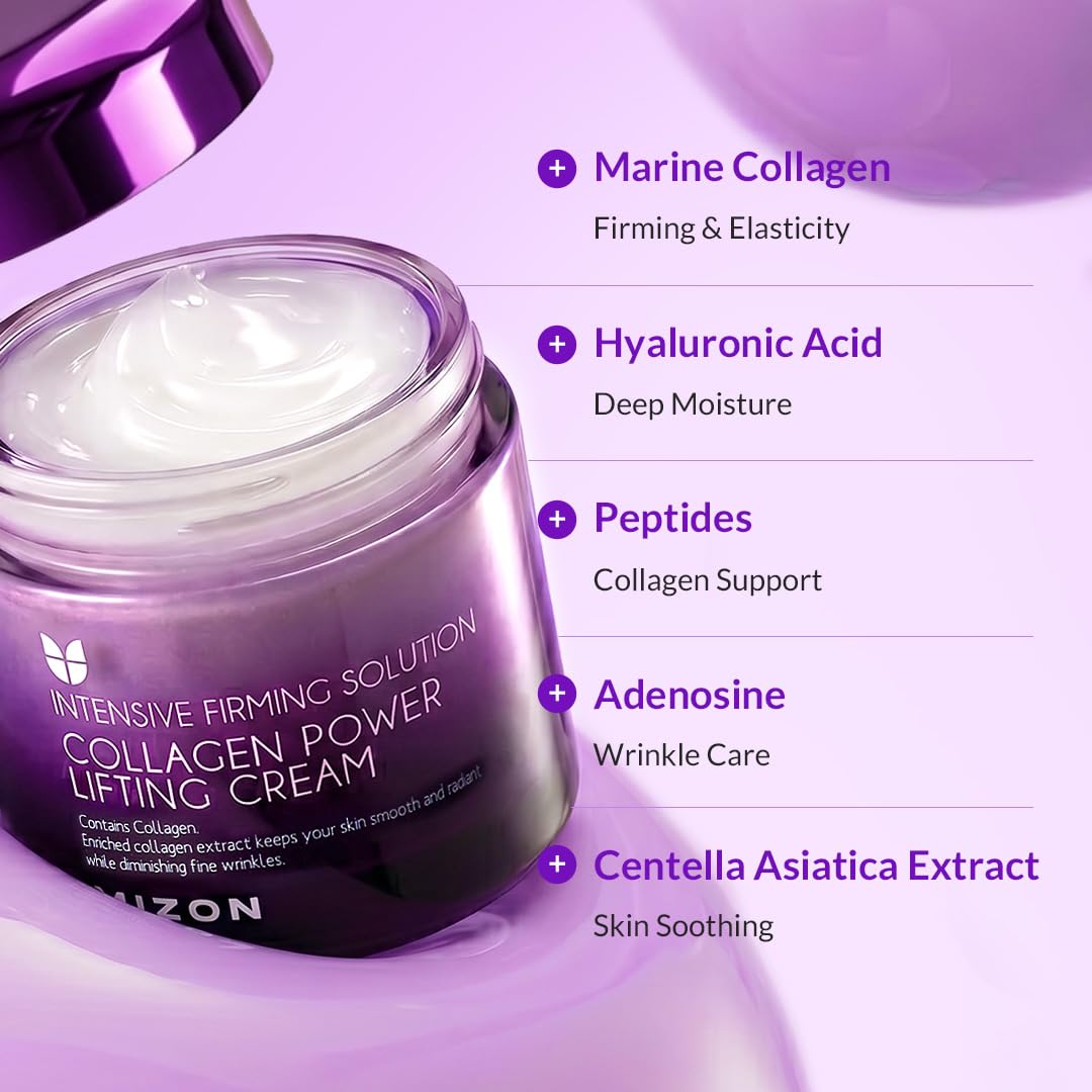 MIZON Crema Hidratante Facial con Colágeno Power Lifting 75 ml - crema facial de noche coreana reafirmante e hidratante con niacinamida, skincare coreano