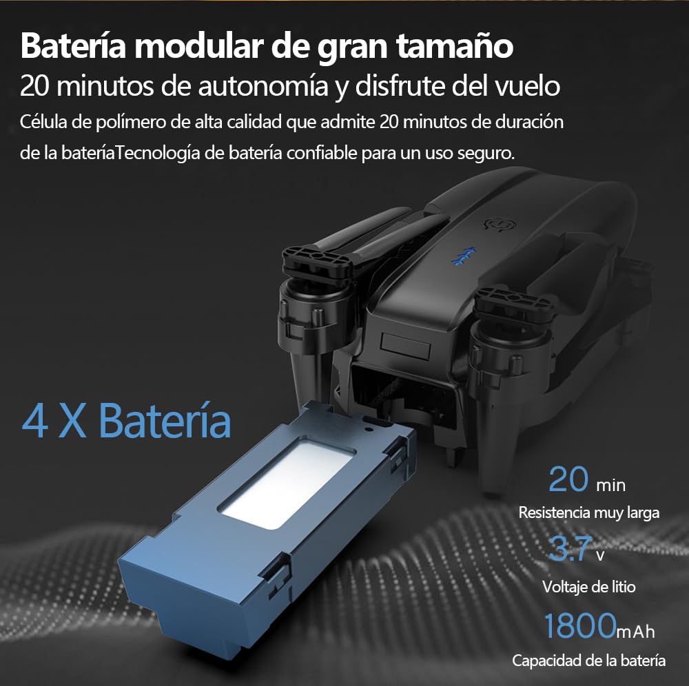 Dron con Cámara Dual, 360° Adjustable Eléctricamente Mini Drone para Principiantes, Drones con Cámara RC FPV WIFI 4k Cuadricóptero, Vuelo por Puntos de Referencia, Auto-Seguimiento, Giro 3D, Inicio con una Tecla, 3 Velocidades, 4 Baterías y Bolsa Portátil