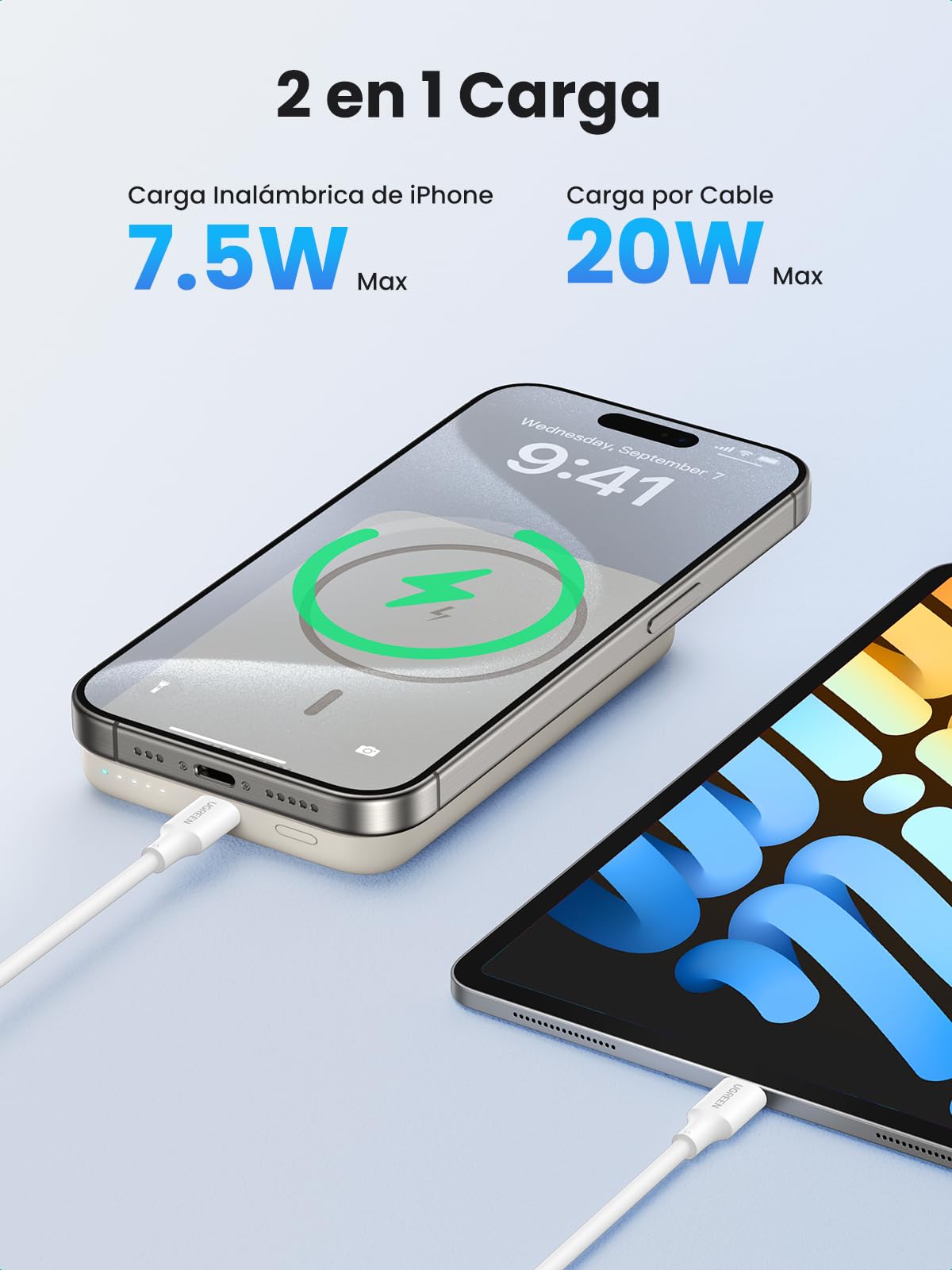 UGREEN 10000mAh Power Bank Inalabrico PD 20W Carga Raida, Cargador USB C Portail Magnaco, Bateria Externa Compatible con iPhone 16/15/14 Serie, Galaxy, Xiaomi, iPad, LG, Blanco