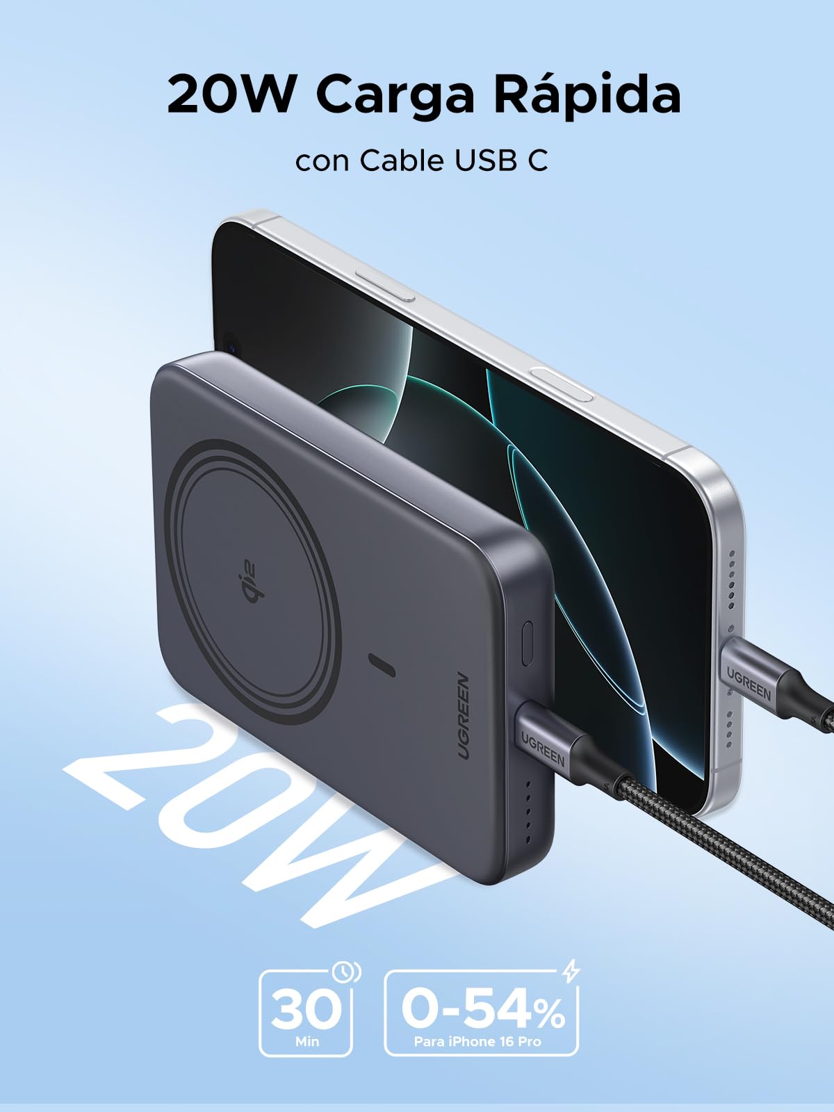 UGREEN Qi2 15W Certificado 10000mAh Power Bank Inalambrico 20W, Powerbank Batería Portátil, Tipo C Pila Portatil Carga Rapida Magnetica PowerBank Compatible con iPhone 16/15/14/13/12+ Pro MAX