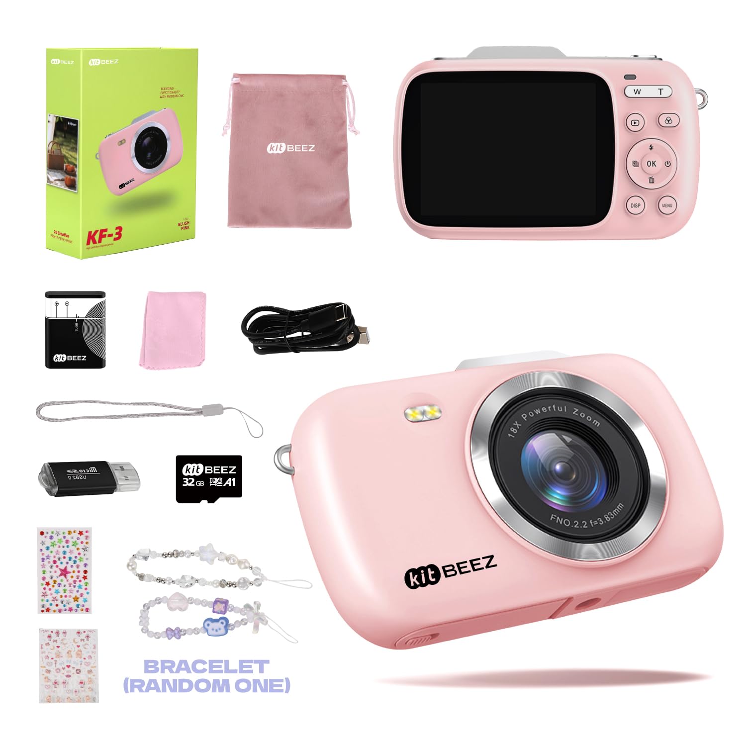 kitBEEZ Cámara Digital 1080P 64MP Vlogging con Tarjeta 32GB, Linda Cámara Digital, Zoom 18X, Anti-Shake y Disparo Continuo, Camara Fotografica Digicam Regalo para Niñas y Niños (Rosa)